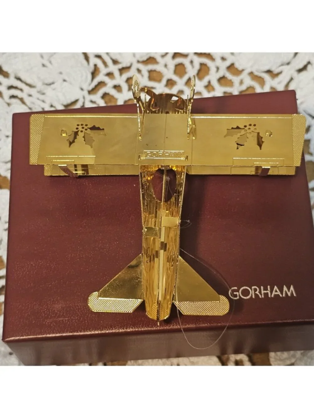 Gorham 3D Gold tone Metal Airplane Laser Cut Out Merry Christmas Boxed